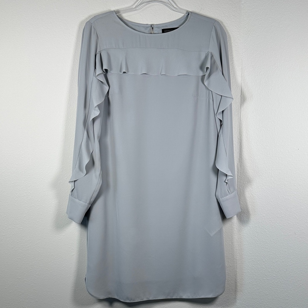 Banana Republic Chiffon Ruffle Dress Women’s 4 Light Gray Long Sleeve Shift